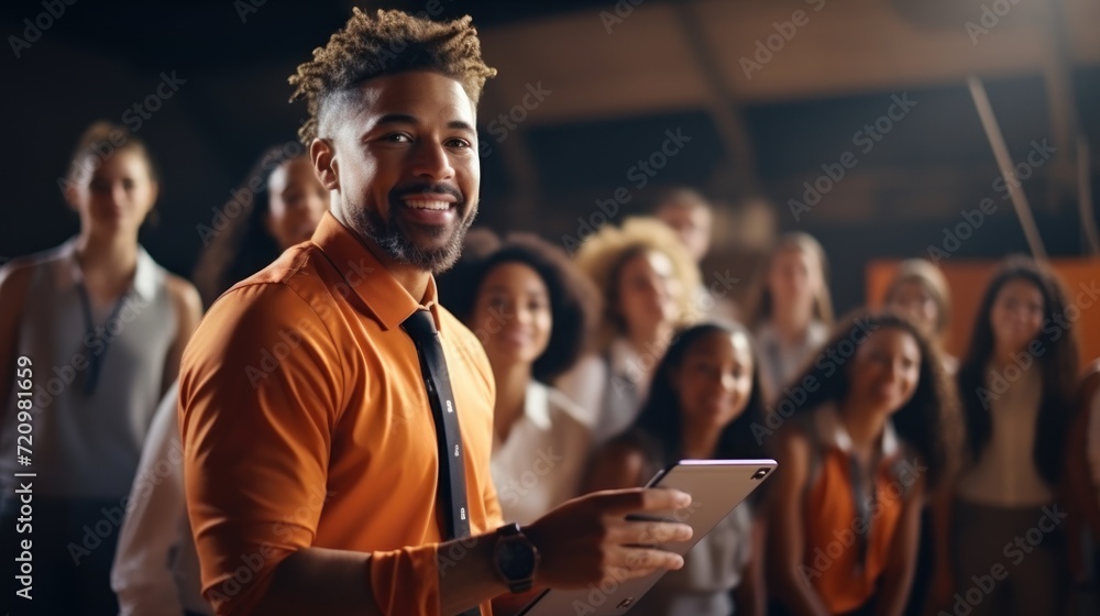 Portrait of smiling african american businessman using digital tablet in office Generative AI