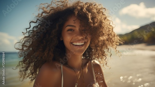 Portrait of beautiful african american woman with afro hairstyle smiling on the beach Generative AI