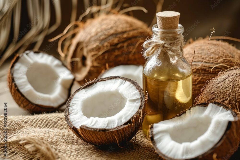 Coconut oil. Backdrop with selective focus and copy space Coconut oil. Backdrop with selective focus and copy space