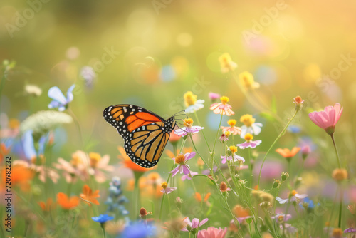 Butterfly on a spring meadow. Backdrop with selective focus and copy space