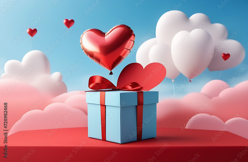 Gift box with heart balloon floating it the sky, Happy Valentine's Day banners, paper art style