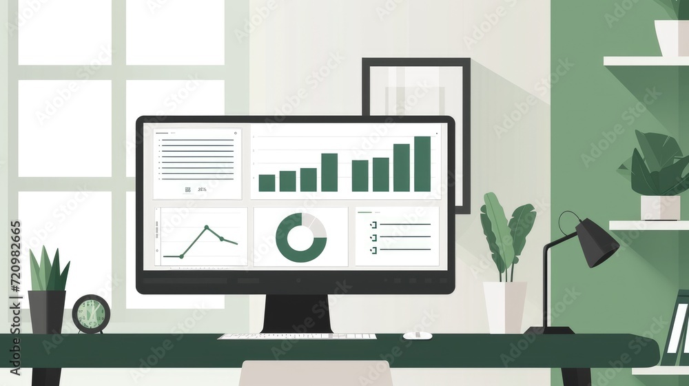 Modern office setup with large monitor displaying digital performance dashboard for enhanced productivity in minimalist workspace Modern office setup with large monitor displaying digital performance dashboard for enhanced productivity in minimalist workspace