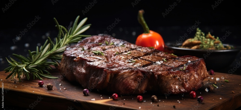 Grilled steak on wooden board with herbs and spices. Gourmet food and cuisine.