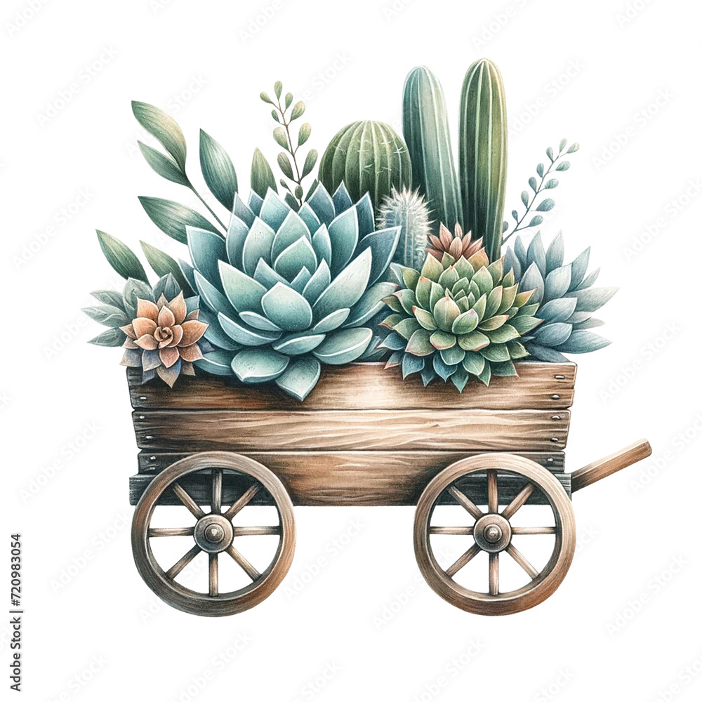 Succulent arrangement in a wooden wagon watercolor clipart