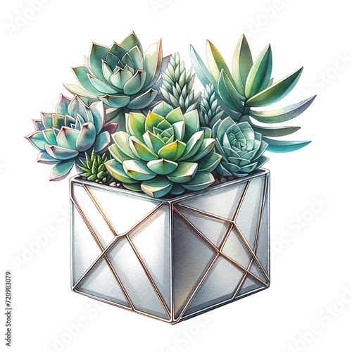 succulents in geometric pot, watercolor style clip art preview