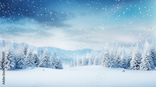 Winter landscape with snowy fir trees and snowflakes. illustration. Generative AI © Alex