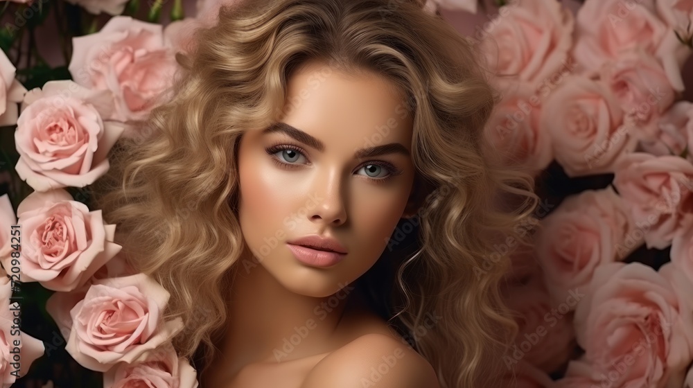 Portrait of beautiful young woman with pink roses in her hair. Generative AI