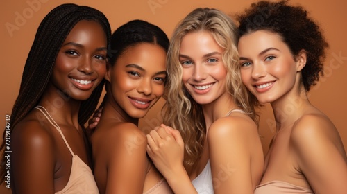 Group of multiethnic women in lingerie posing together over brown background. Generative AI