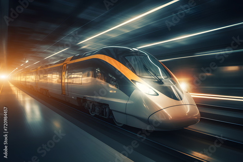 High speed fast train passenger locomotive in motion at the railway station city subway underground