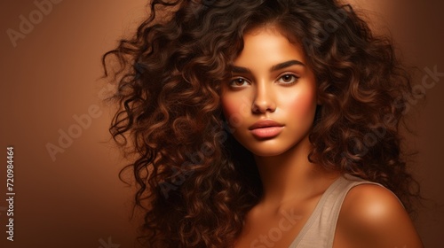 Portrait of a beautiful young woman with curly hair. Beauty, fashion. Generative AI
