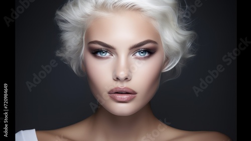 Fashion portrait of beautiful young woman with white hair and make-up Generative AI © Alex