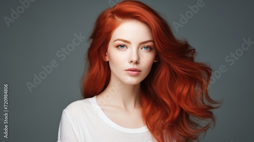 Beautiful young woman with long red hair. Portrait of a beautiful girl with makeup and hairstyle. Generative AI