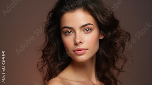 Beautiful young woman with long curly hair. Portrait of a beautiful girl with makeup Generative AI