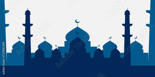 Islamic background with blue mosque silhouette. free copy space area. design for banners, greeting cards, posters, social media for Islamic holidays. photo