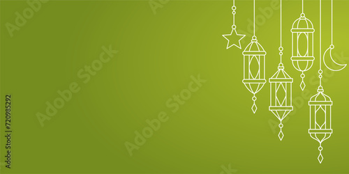 Green Islamic background, vector line icon of lantern, moon and stars. free copy space area. design for banners, greeting cards, posters, social media for Islamic holidays.