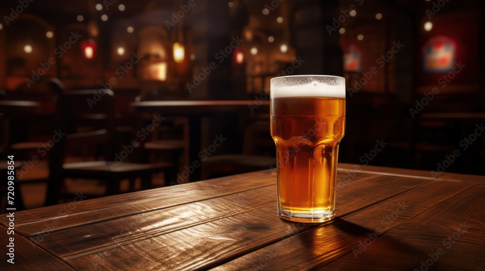Glass of beer on a wooden table in a pub or restaurant. Generative AI