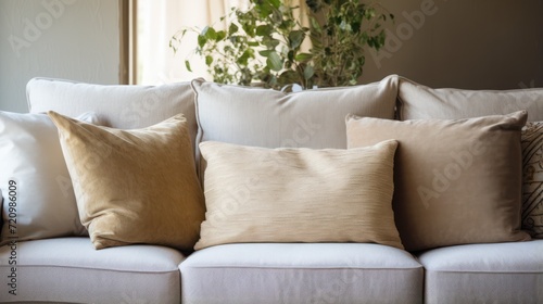 close up of beige pillows on white sofa in living room Generative AI photo