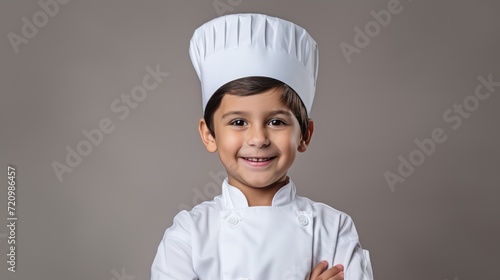 A Cooking, happy boy wearing chef's uniform. Little cook and kitchen equipment. Cooking concepts in the chef profession On empty space on white transparent background isolated