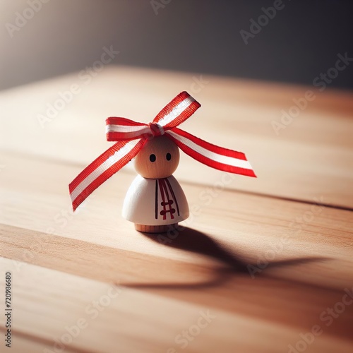 Wooden doll with a red bow on a wooden table. Shallow depth of field. Martisor symbol of spring.