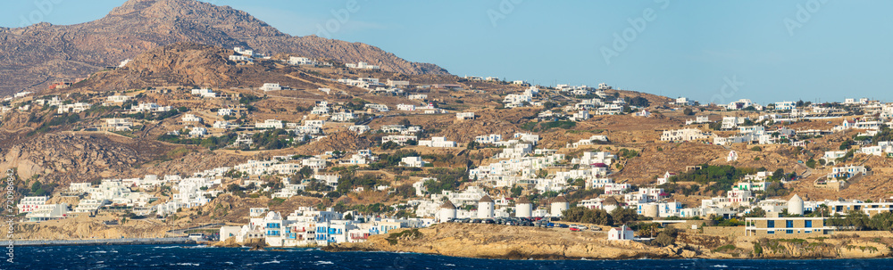 Skyline of Mykonos village panorama on Mykonos island. Greece