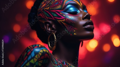Portrait of a beautiful african american woman with creative make-up and body art. Generative AI