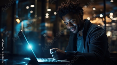 Young african american man working on laptop in the city at night Generative AI