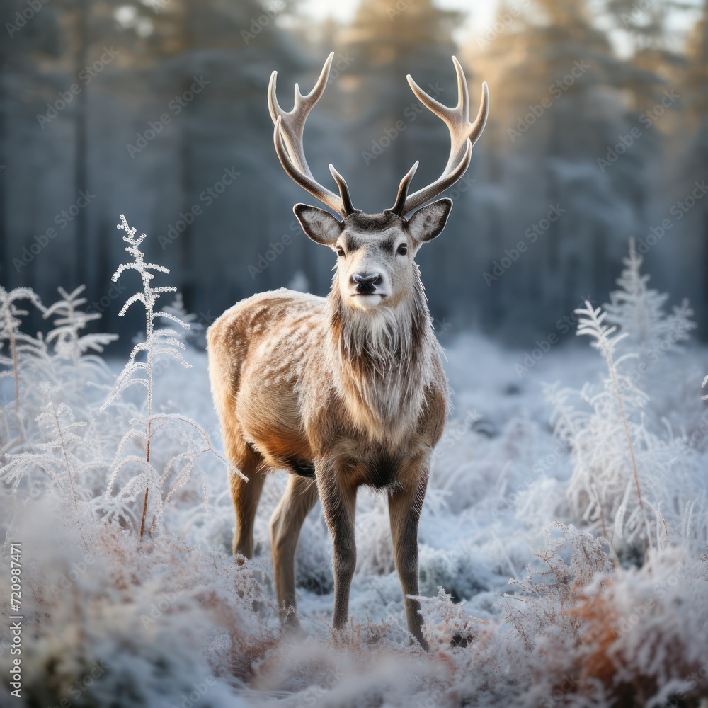 Obraz premium A reindeer stands on the frosted grass on an early winter morning in a snowy pine forest. winter animals, beautiful scenery