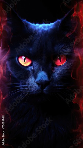 Portrait of a black cat with red eyes on a black background Generative AI