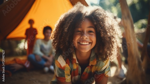 Portrait of a happy african american woman sitting in tent Generative AI