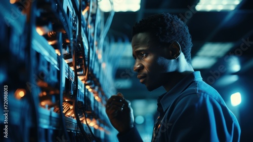 Young african-american man working in datacenter. Generative AI