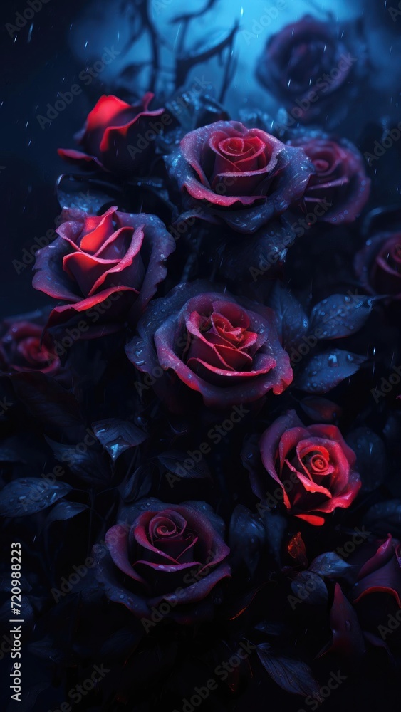 Red rose with water drops on a dark background. Floral background. Generative AI