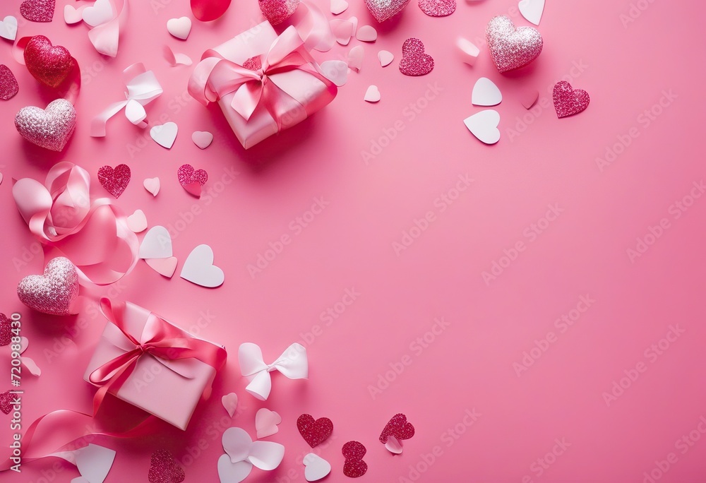  confetti shaped greeting ribbon Flat background concept card lay view pink Heart Happy top
