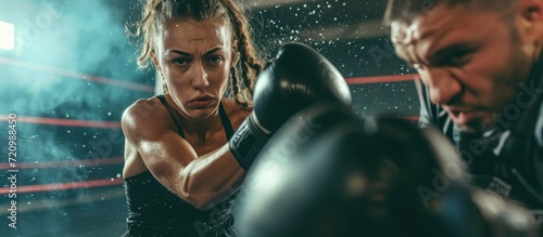 Young female boxer training with coach, aiming for victory and embodying athleticism. photo