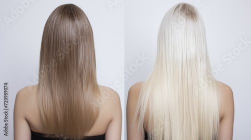 Blonde hair before and after treatment on a white background. Front and back view. Generative AI