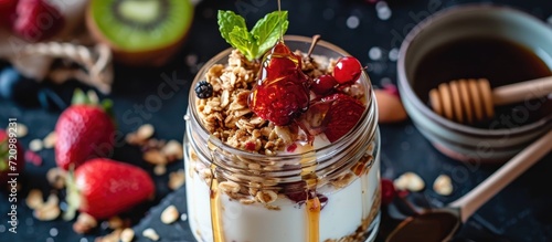 Yogurt and oat granola with fruits in a jar  drizzled with honey by hand.