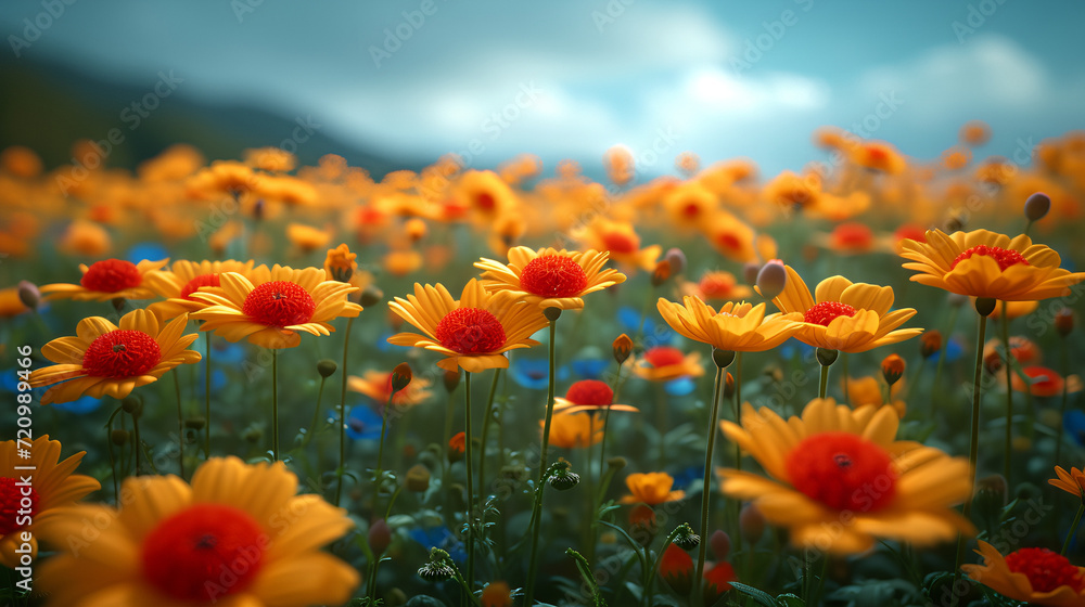 Spring flowers in a mountain field - inspired by the scenery of western North Carolina - vibrant colors - extreme blue sky.  
