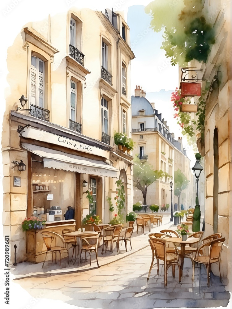Obraz premium A cozy charming depiction of a typical Parisian street with cobblestone paths, outdoor cafes in watercolor painting