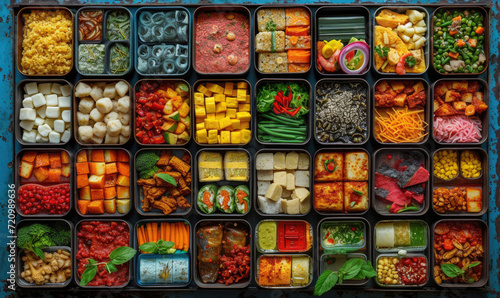 Collage of many popular all over the world breakfasts, lunches and snacks. Collage of different assortment of food.