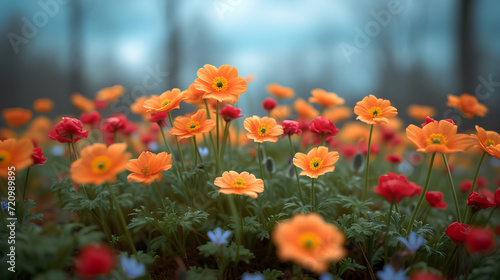 Spring flowers in a mountain field - inspired by the scenery of western North Carolina - vibrant colors - extreme blue sky.  