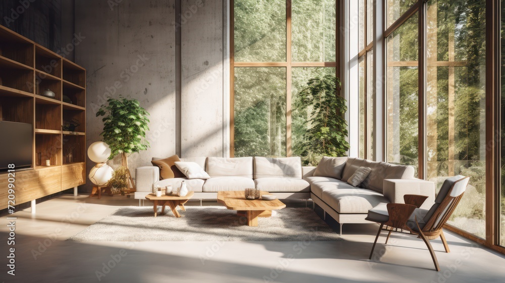 A Minimalist interior design of Mid-century loft home in a clear loft modern living room in house in forest. a room with morning sunlight streaming through the window.