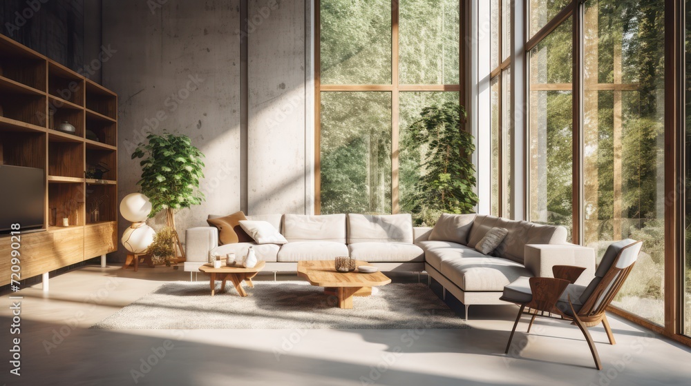 A Minimalist interior design of Mid-century loft home in a clear loft modern living room in house in forest. a room with morning sunlight streaming through the window. A Minimalist interior design of Mid-century loft home in a clear loft modern living room in house in forest. a room with morning sunlight streaming through the window.