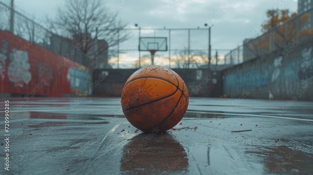 basketball still in the middle of an empty city basketball court basketball still in the middle of an empty city basketball court