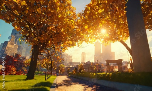 pov from a tree, some leaves at the rigth hand lower corner, looking foward to far far away, beautiful day light,seeing a city which full of buildings, crowdy buildings, pixar, 4k, photo