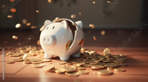A ceramic piggy bank that's neatly cracked open, two separate piles of coins on either side, photo, realistic.
