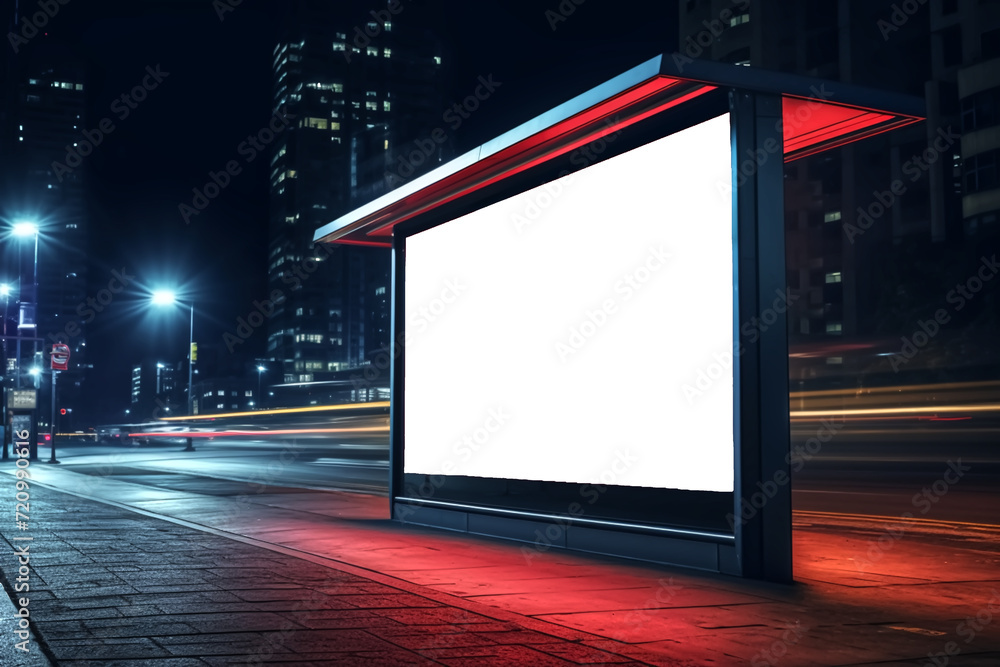 Digital billboard poster mockup for a city bus stop at night.