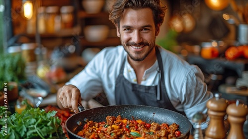 A man in his kitchen, relishing the aroma of his food as it cooks in a pan photo
