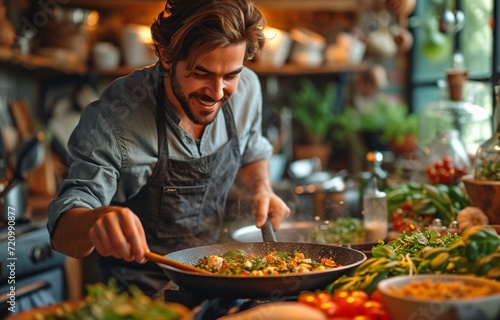A man in his kitchen, relishing the aroma of his food as it cooks in a pan photo