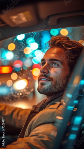 attractive man driving at night in a car