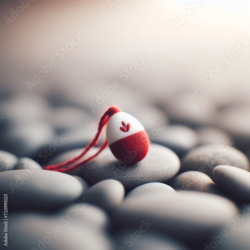 Pebbles with a red heart on a background of rocks. Martisor symbol of spring.