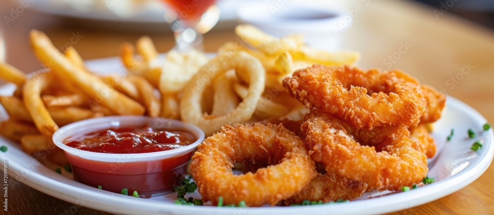 Combination plate with sosis, onion rings, and fries. Combination plate with sosis, onion rings, and fries.